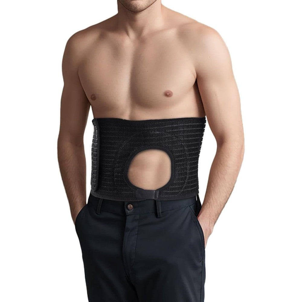 ENLUNTRA adjustable ostomy belt front view showing the central stoma opening for bag support.