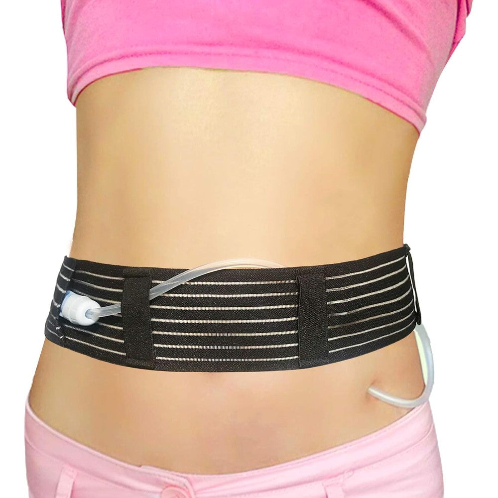 Hola Health Peritoneal Dialysis Belt front view showing the breathable black fabric pouch for medical tubes.
