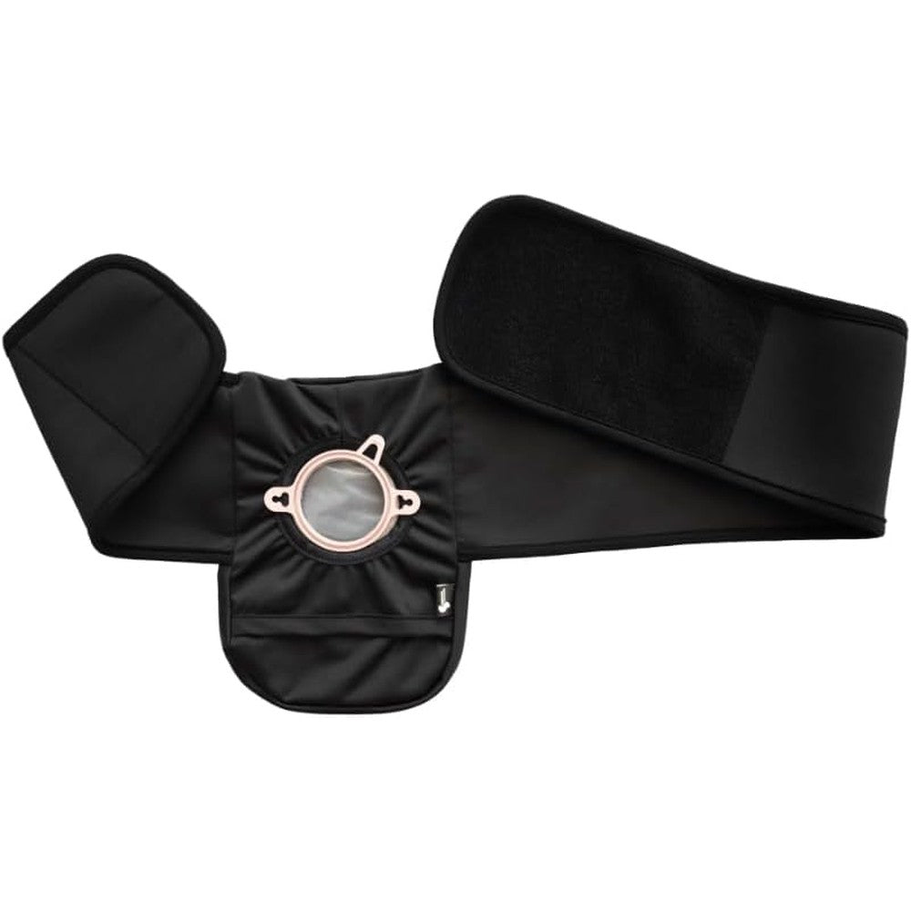 Spoonie Threads Elastic Ostomy Cover Support Belt in black front view showing the expandable pouch layout