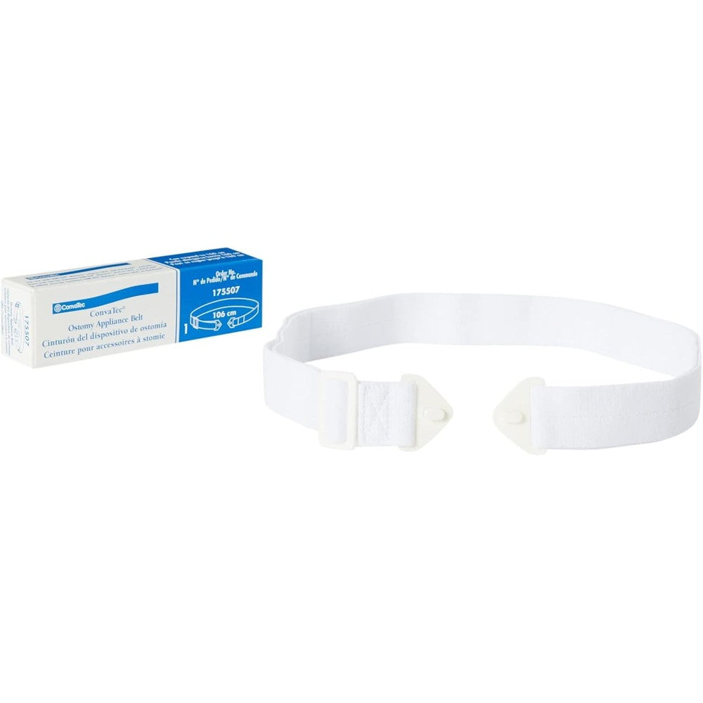 ConvaTec Ostomy Appliance Belt front view showing the adjustable white elastic strap and plastic hook attachments.