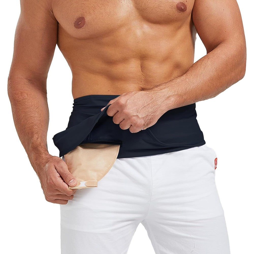 Heagimed ostomy support belt front view showing black premium breathable fabric design.