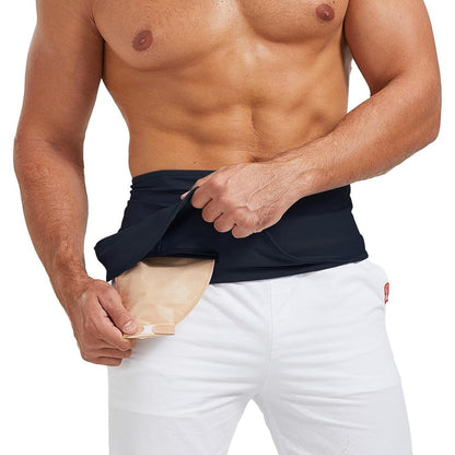 Heagimed ostomy support belt front view showing black premium breathable fabric design.