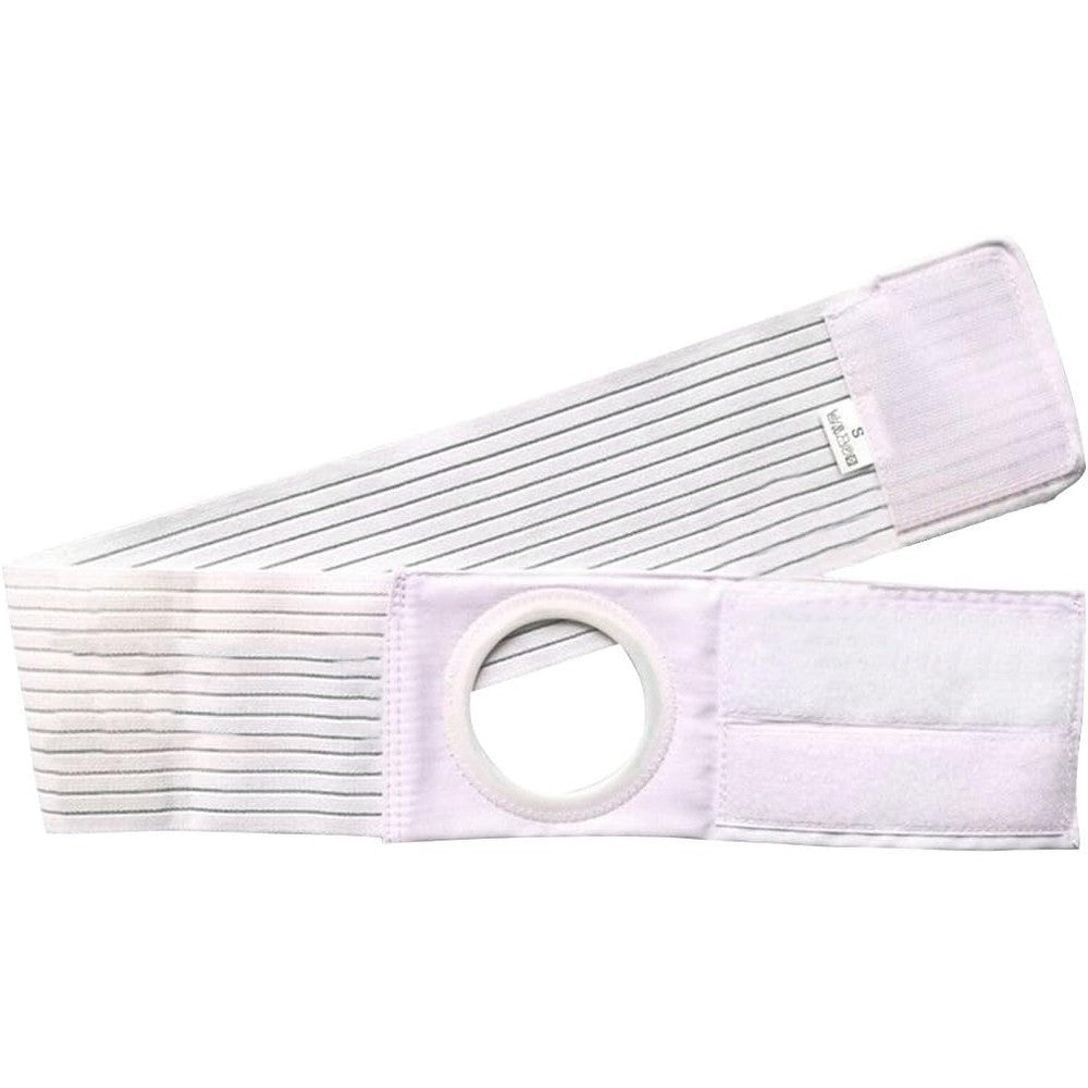 Ibnotuiy ostomy support belt medium front view showing the 2.76 inch stoma hole on white medical abdominal binder fabric.