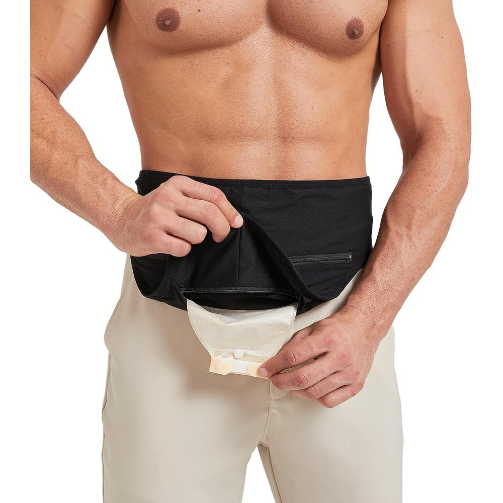 DERAYMI ostomy support belt front view showing black premium fabric wrap designed for stoma care