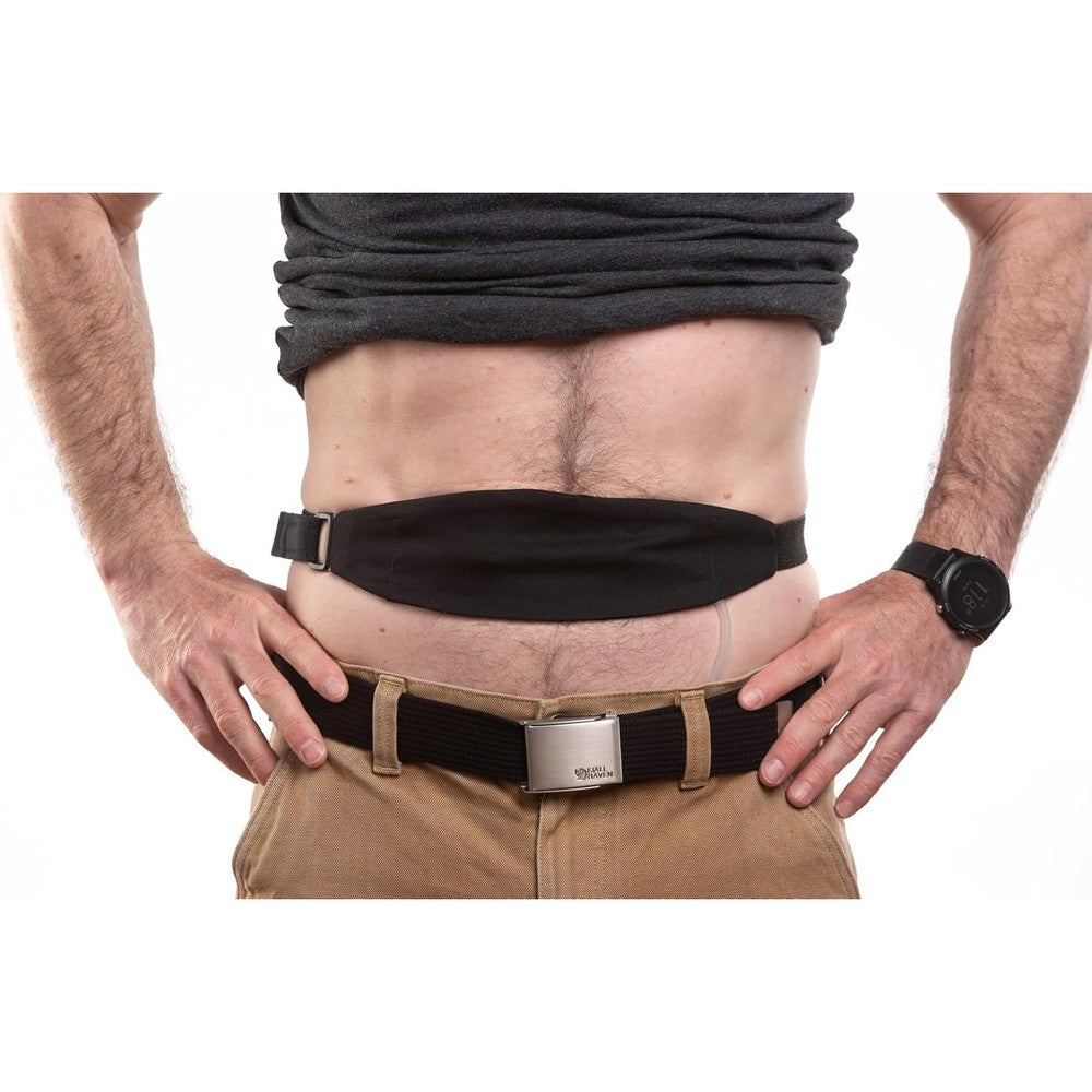 Stickman Dialysis Tuck-Away PD support belt in black showing front pouch view for catheter storage.