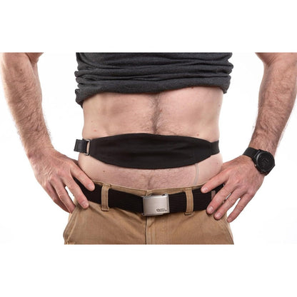 Stickman Dialysis Tuck-Away PD support belt in black showing front pouch view for catheter storage.