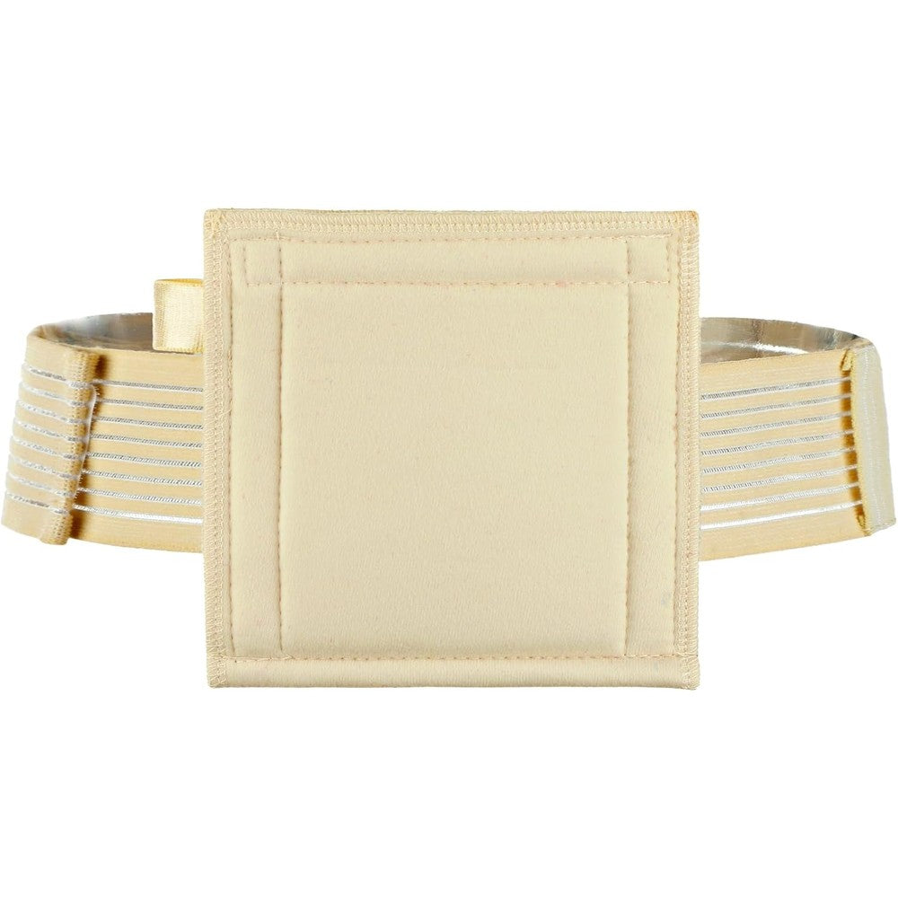 DiaBelt feeding tube holder belt front view showcasing the beige six inch square pouch