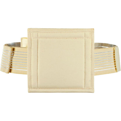 DiaBelt feeding tube holder belt front view showcasing the beige six inch square pouch