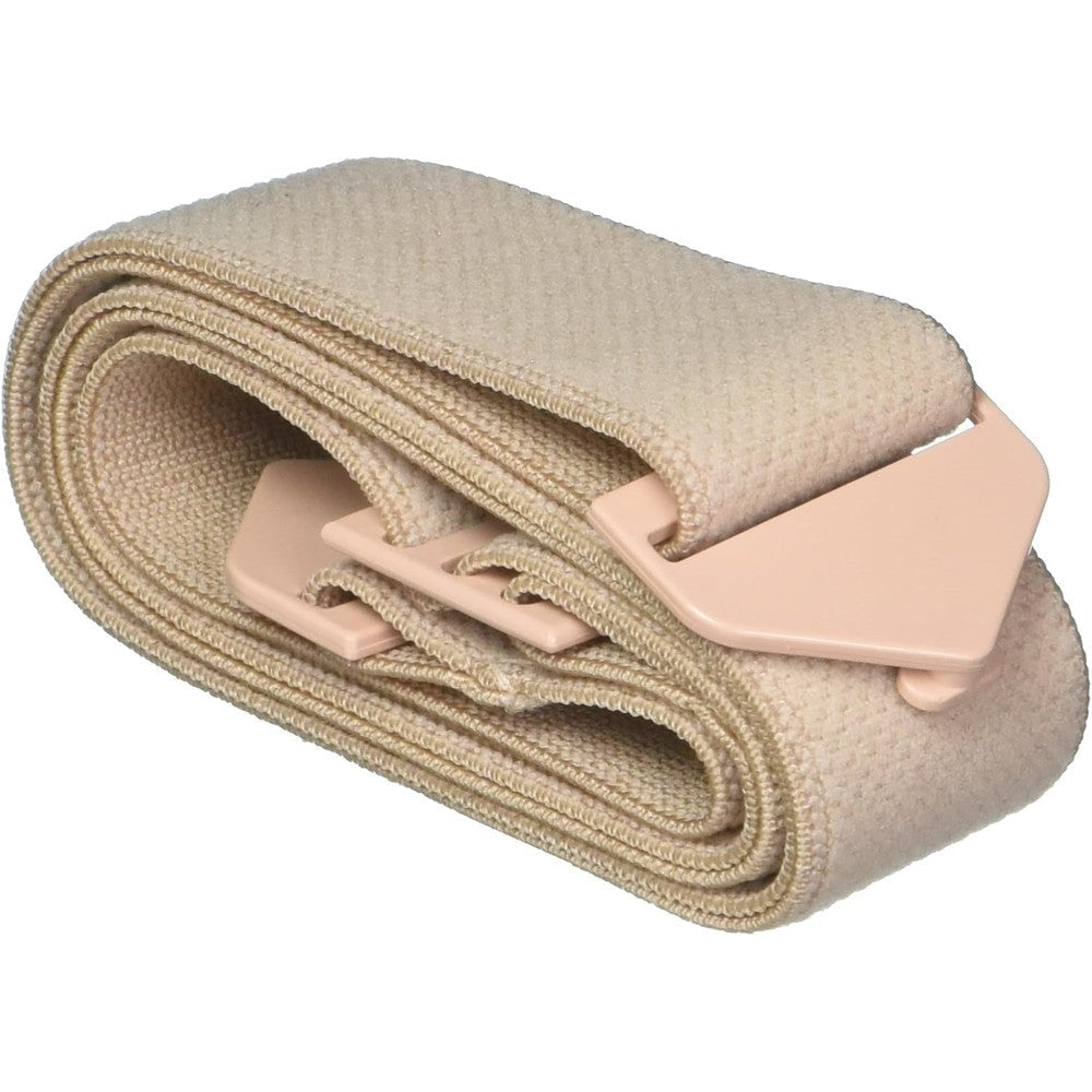 Hollister Adapt Adjustable Ostomy Support Belt front view in beige elastic material showing the plastic adjustment buckle