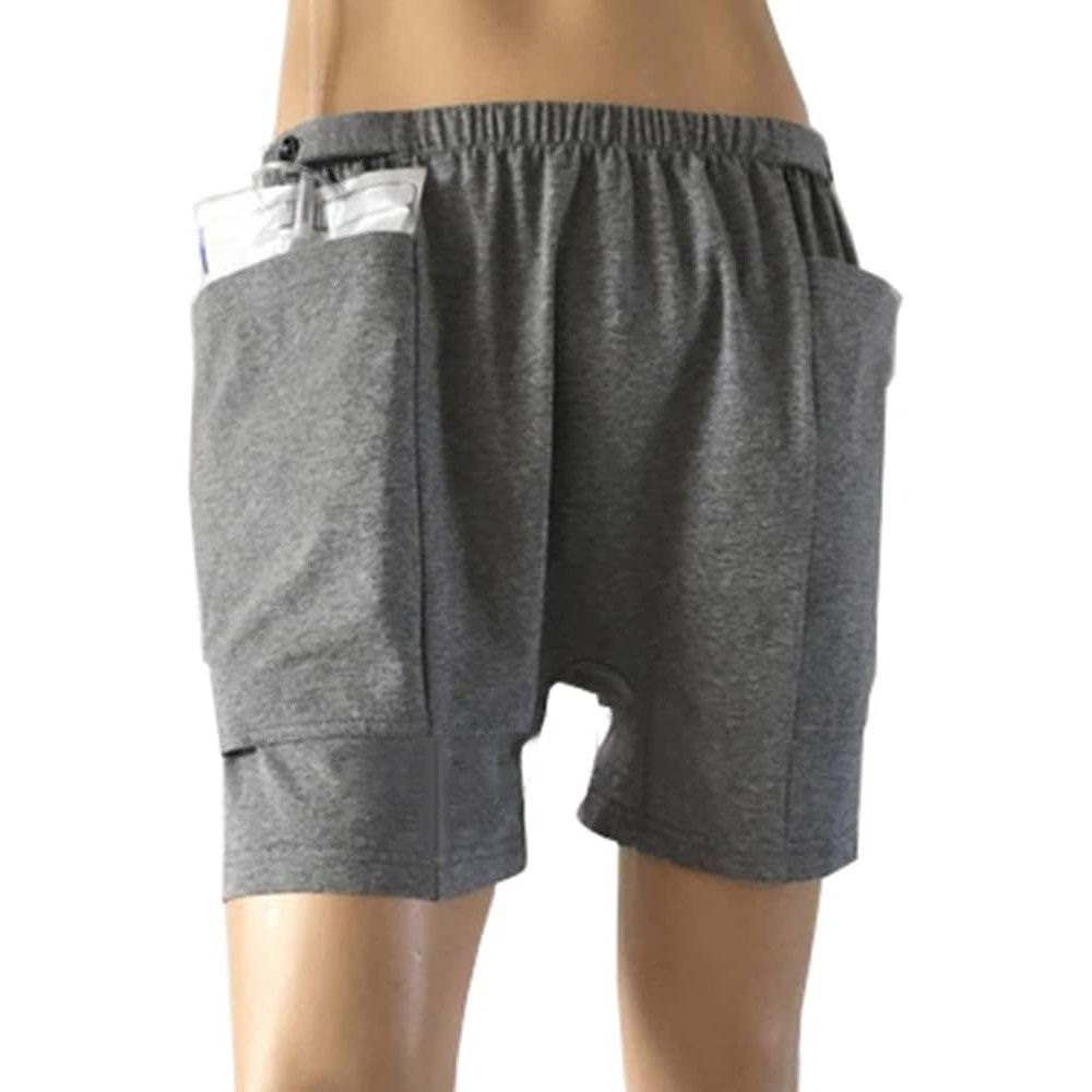 HUKSOSE Nephrostomy Bag Shorts front view showing grey cotton fabric for catheter support.