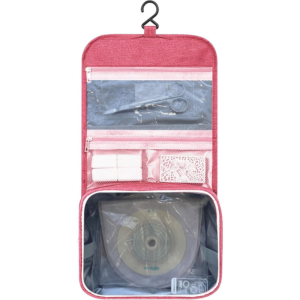 Generic ostomy travel bag front view pink color waterproof medical organizer.