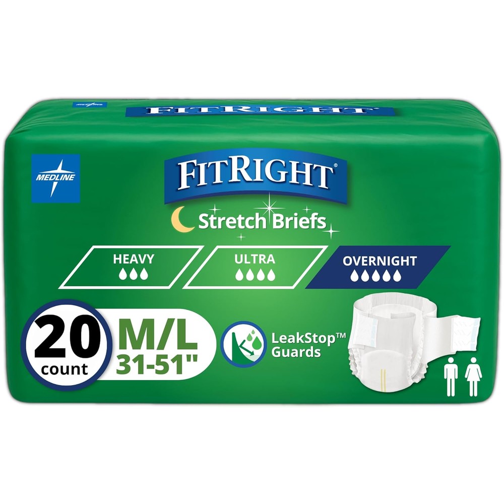 Medline FitRight Extended Wear Stretch Briefs front packaging view showing 20 count size medium large