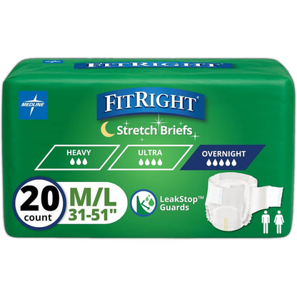 Medline FitRight Extended Wear Stretch Briefs front packaging view showing 20 count size medium large