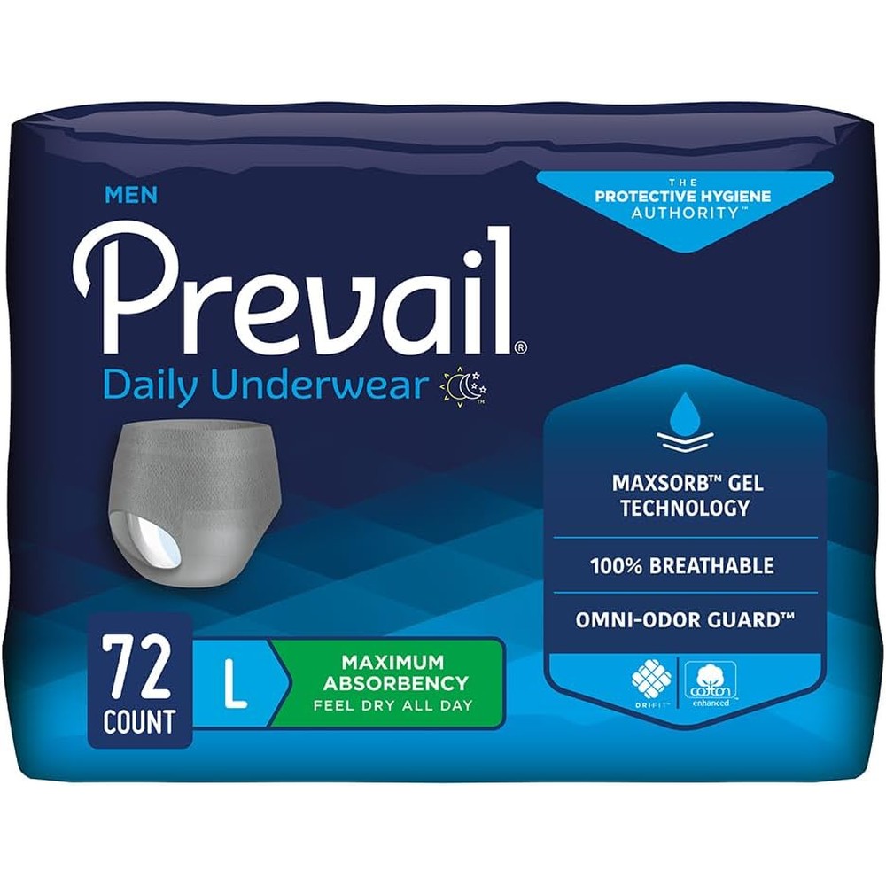 Prevail Proven men's incontinence protective underwear front packaging view showing maximum absorbency large size