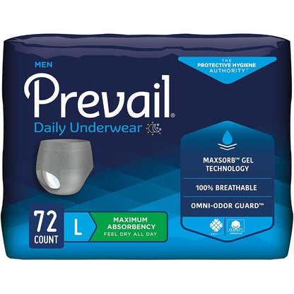 Prevail Proven men's incontinence protective underwear front packaging view showing maximum absorbency large size