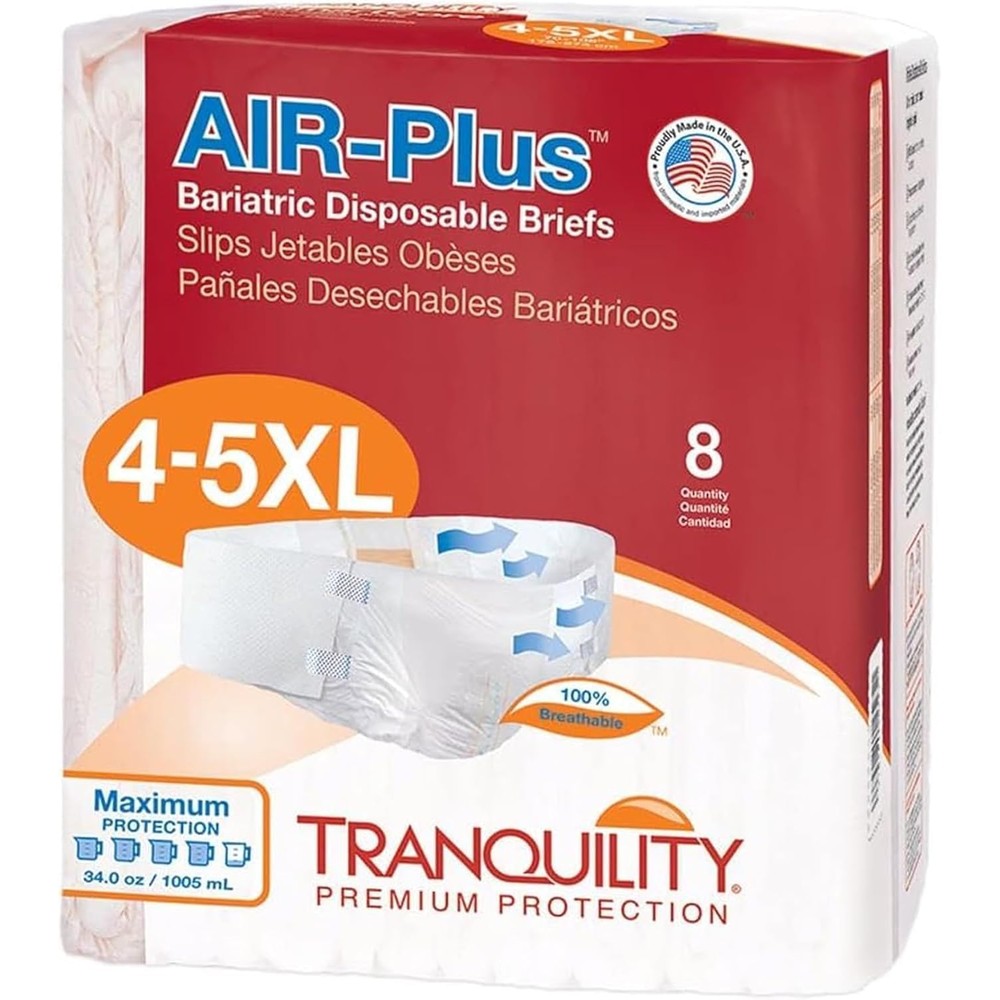 Tranquility AIR-Plus Breathable Bariatric Disposable Briefs 4XL front package view for heavy adult incontinence care