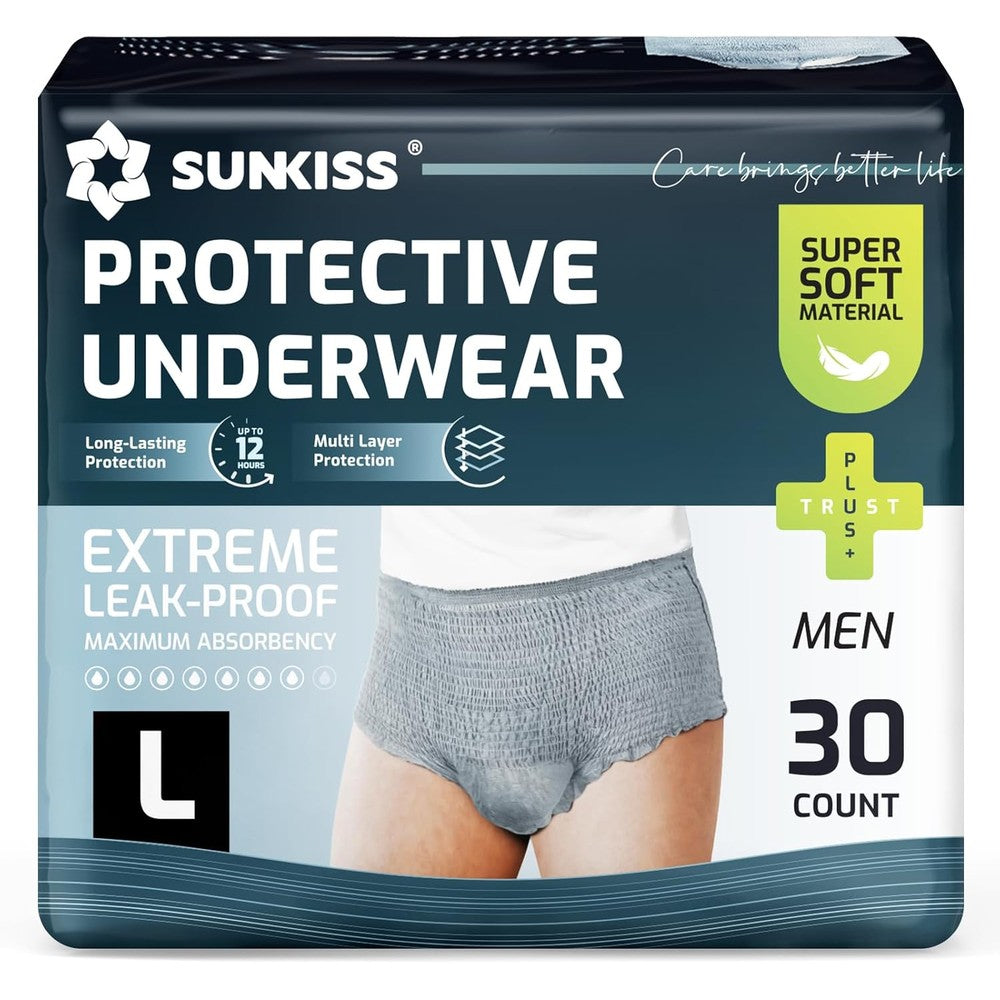 Sunkiss men's incontinence underwear front view with maximum absorbency packaging.