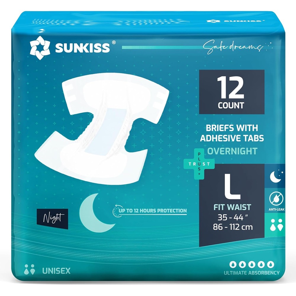 SUNKISS TrustPlus Overnight Adult Diapers with Tabs Large 12 Count package front view showing ultimate absorbency.
