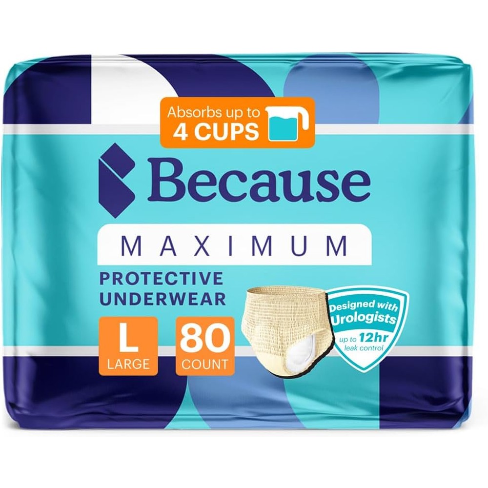 Because Premium Maximum Plus womens incontinence underwear large 80 count pack front view