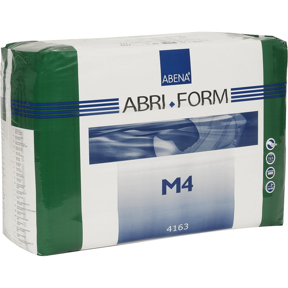 Abena Abri-Form Comfort M4 Plastic-Backed Briefs front packaging view showing adult incontinence diaper details.
