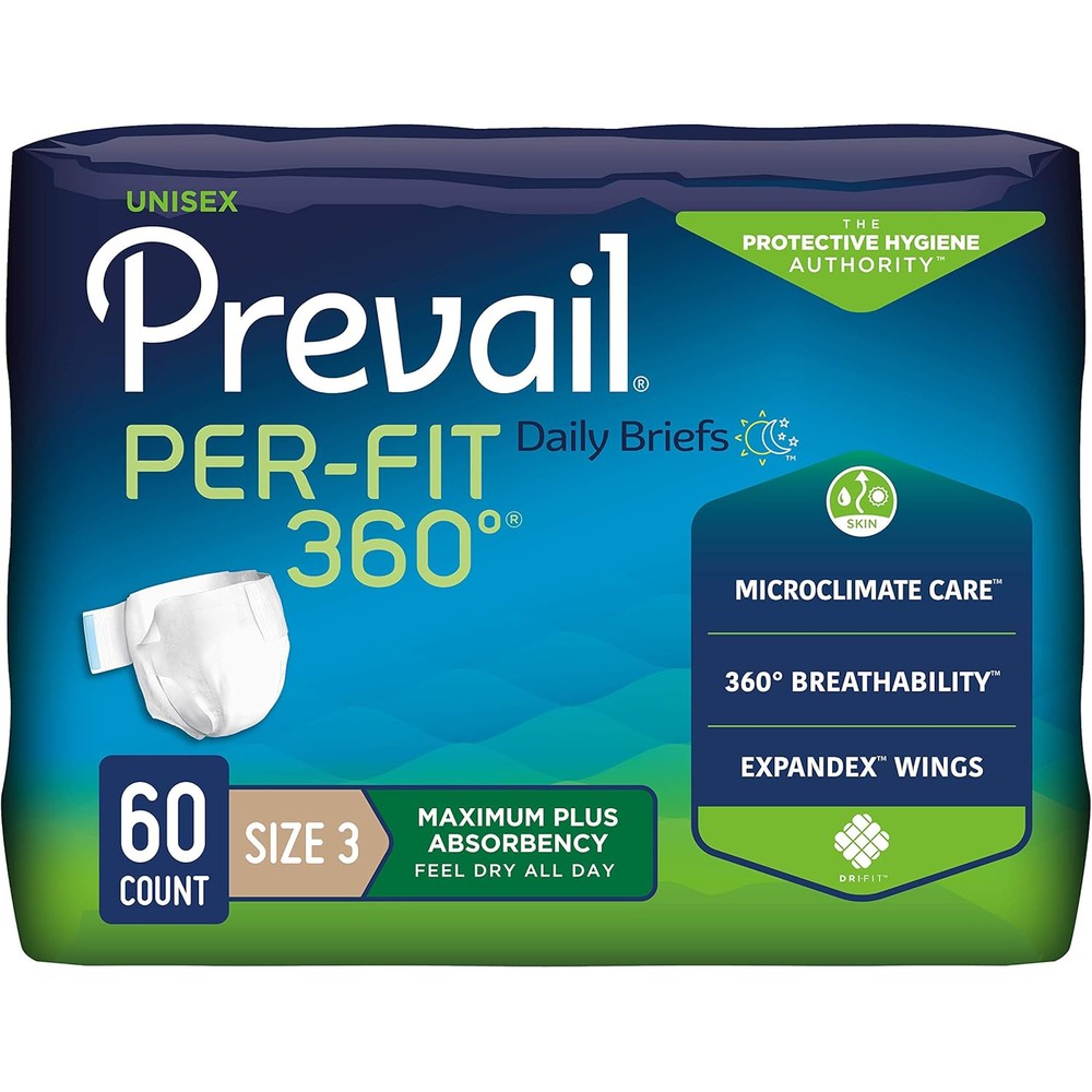 Prevail Per-Fit 360 Incontinence Briefs packaging front view showcasing heavy absorbency features.