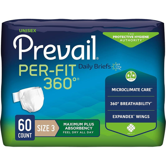 Prevail Per-Fit 360 Incontinence Briefs packaging front view showcasing heavy absorbency features.