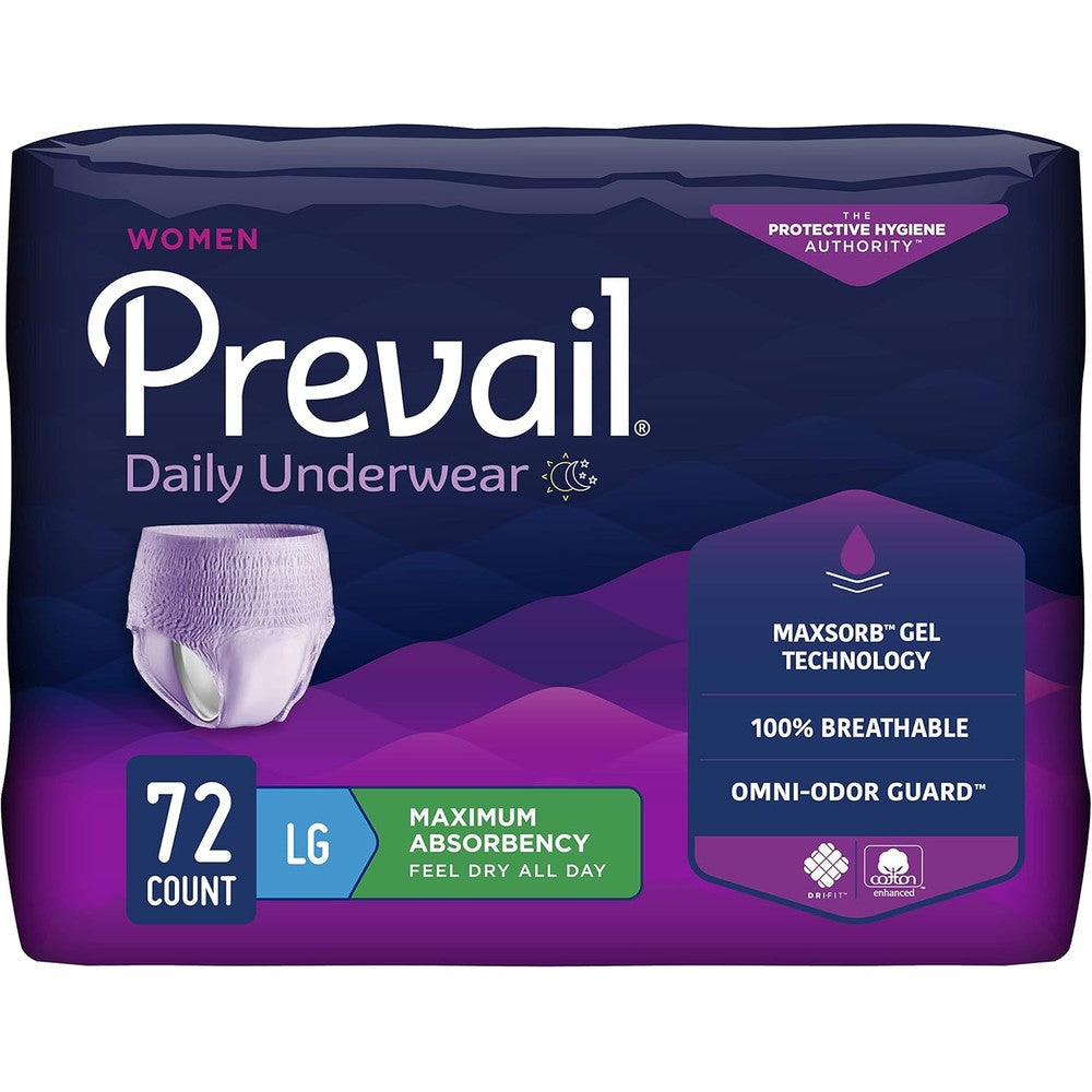 Prevail women's incontinence underwear front view of packaging