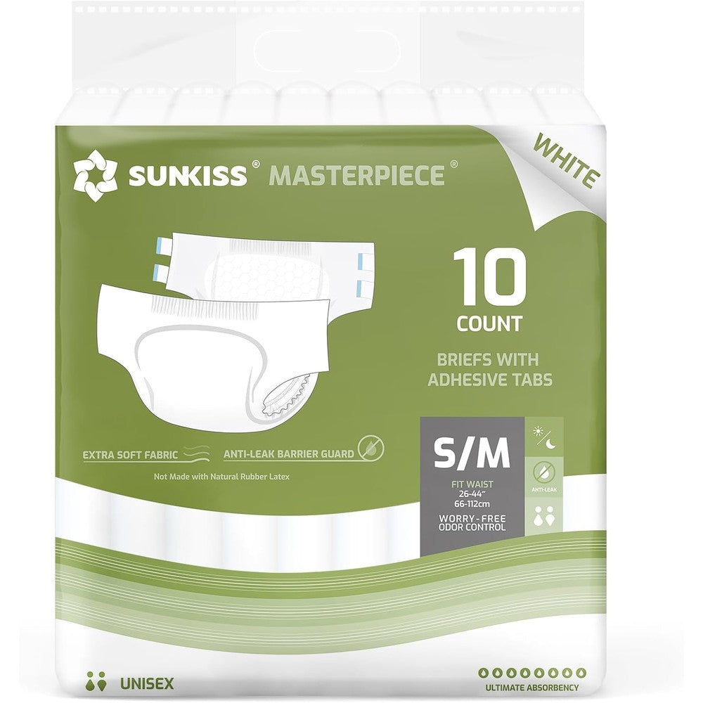 SUNKISS Masterpiece Adult Diapers front view packaging showing the white disposable unisex briefs with tabs
