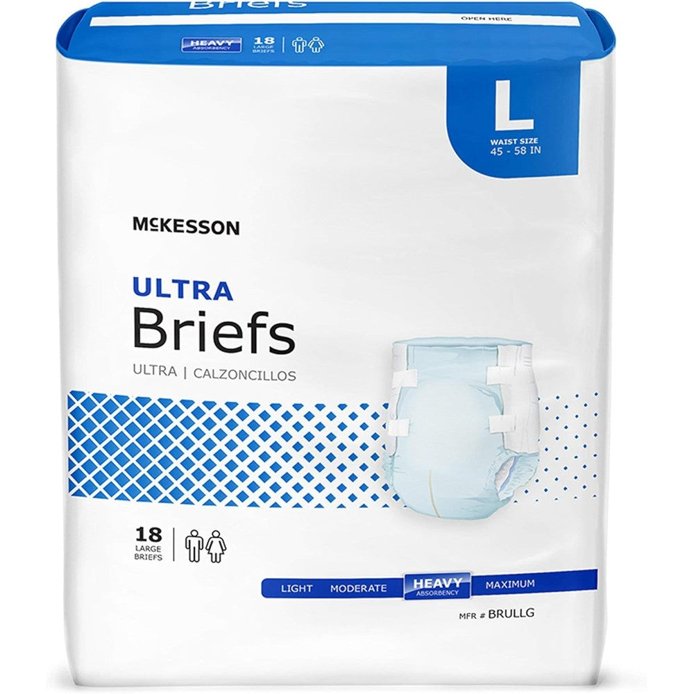 McKesson Ultra Adult Incontinence Briefs front view of premium heavy absorbency disposable packaging