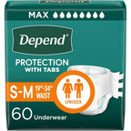 Depend Adult Diapers with Tabs front packaging view showing maximum absorbency rating.
