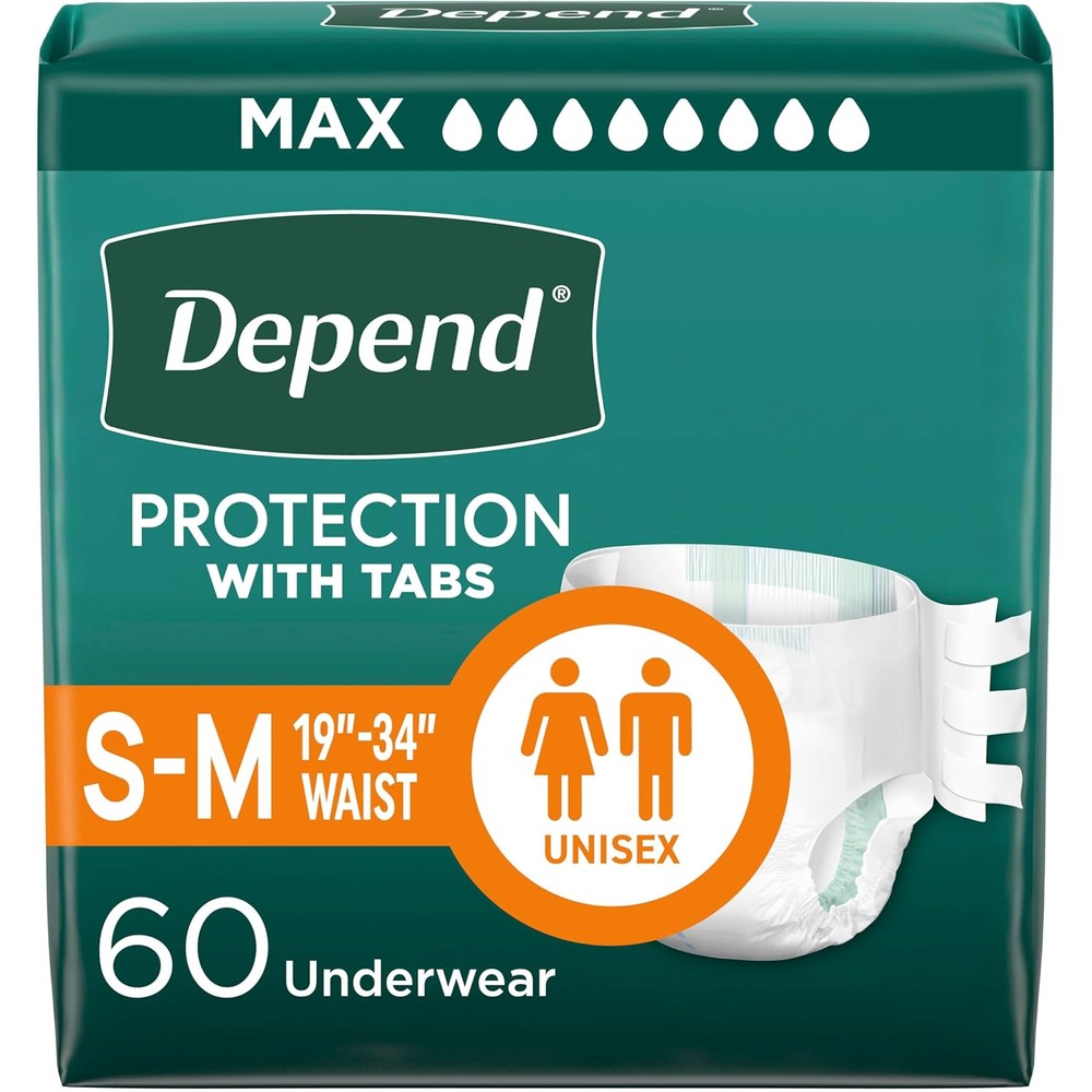 Depend Adult Diapers with Tabs front packaging view showing maximum absorbency rating.
