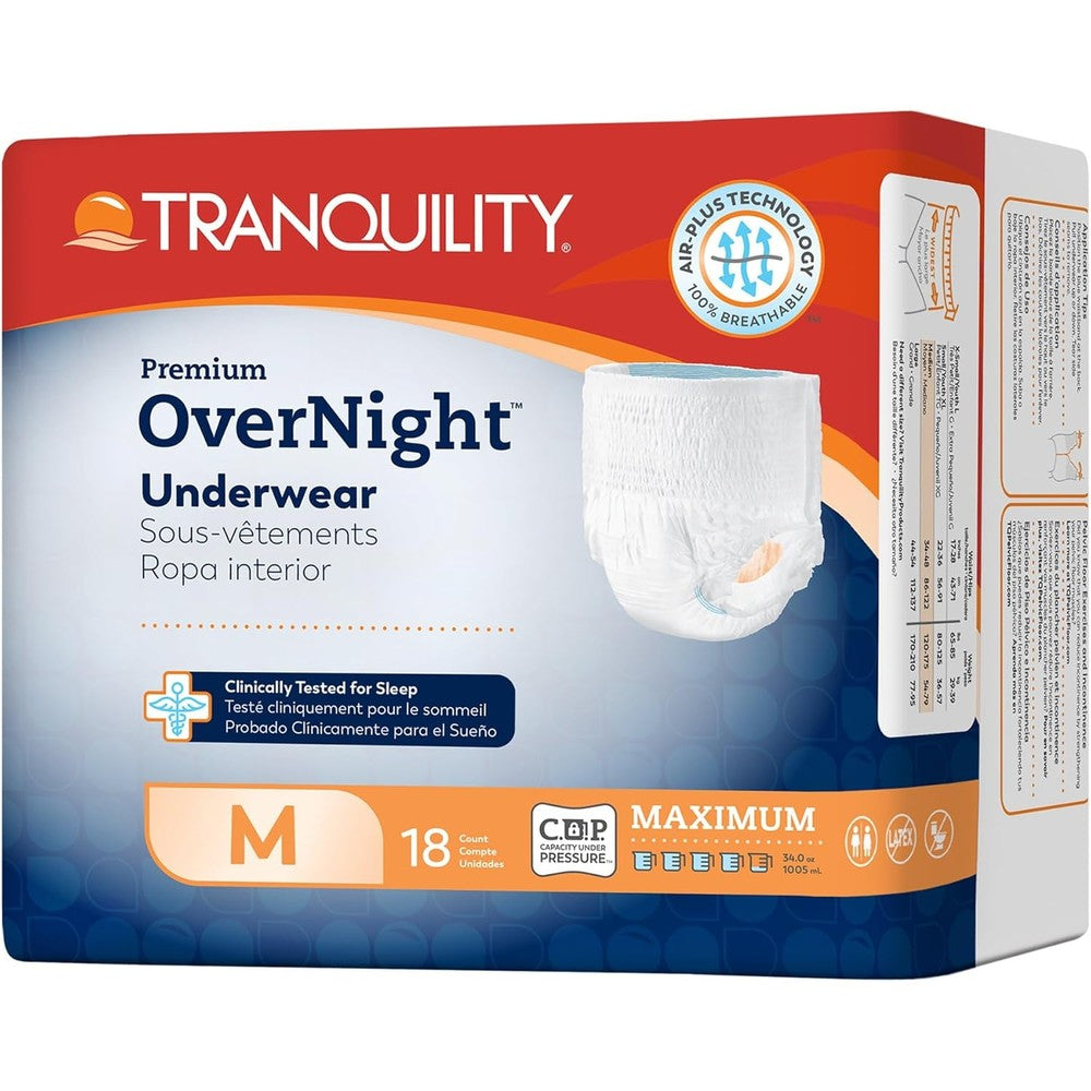 Tranquility Premium OverNight Disposable Absorbent Underwear Medium 72 count packaging front view