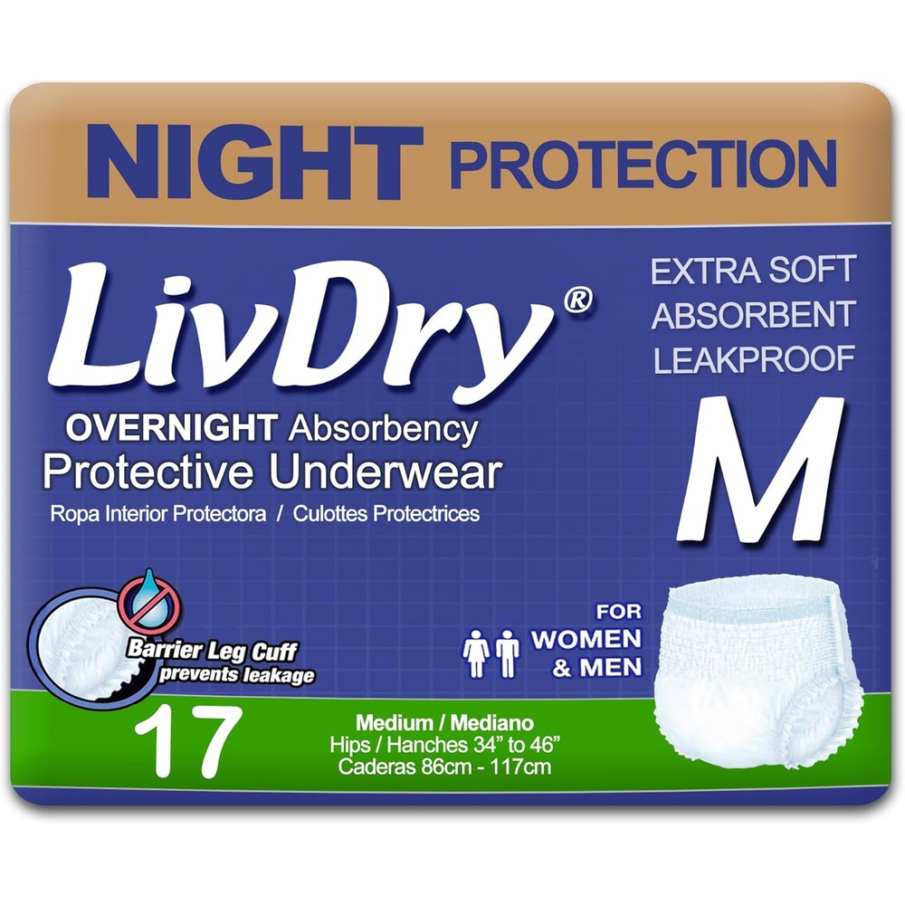 LivDry adult incontinence underwear overnight medium 17 pack packaging front view