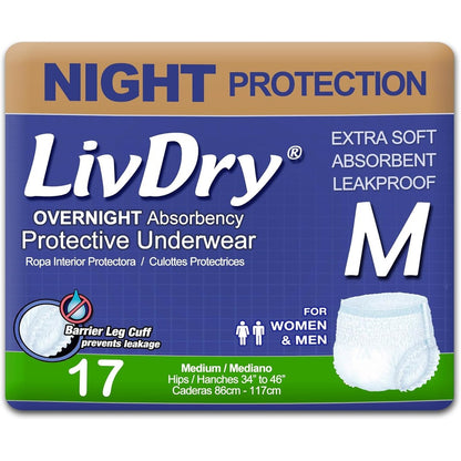 LivDry adult incontinence underwear overnight medium 17 pack packaging front view