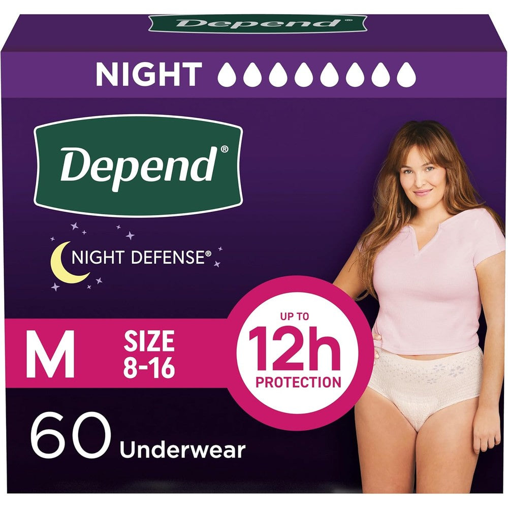 Depend Night Defense overnight incontinence underwear for women front packaging view