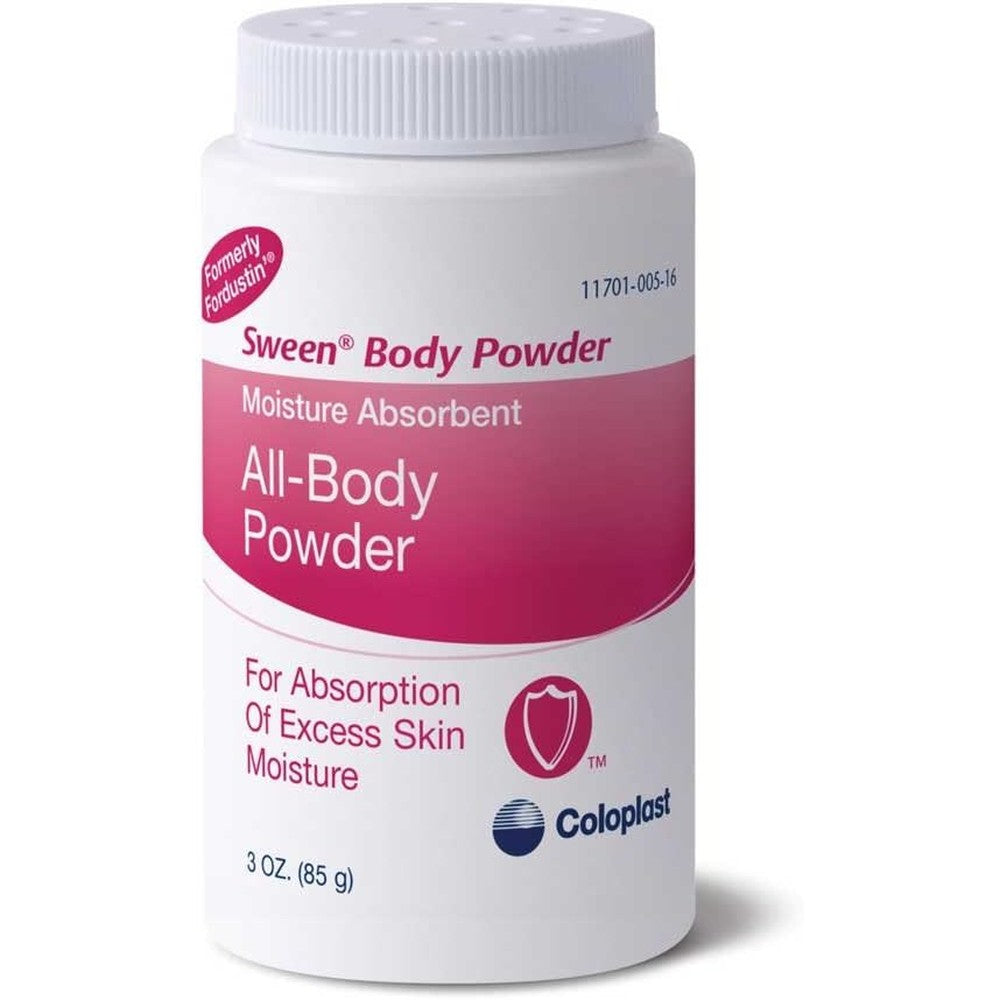 Sween 24 Coloplast Body Powder three ounce shaker bottle front view for sweat absorption