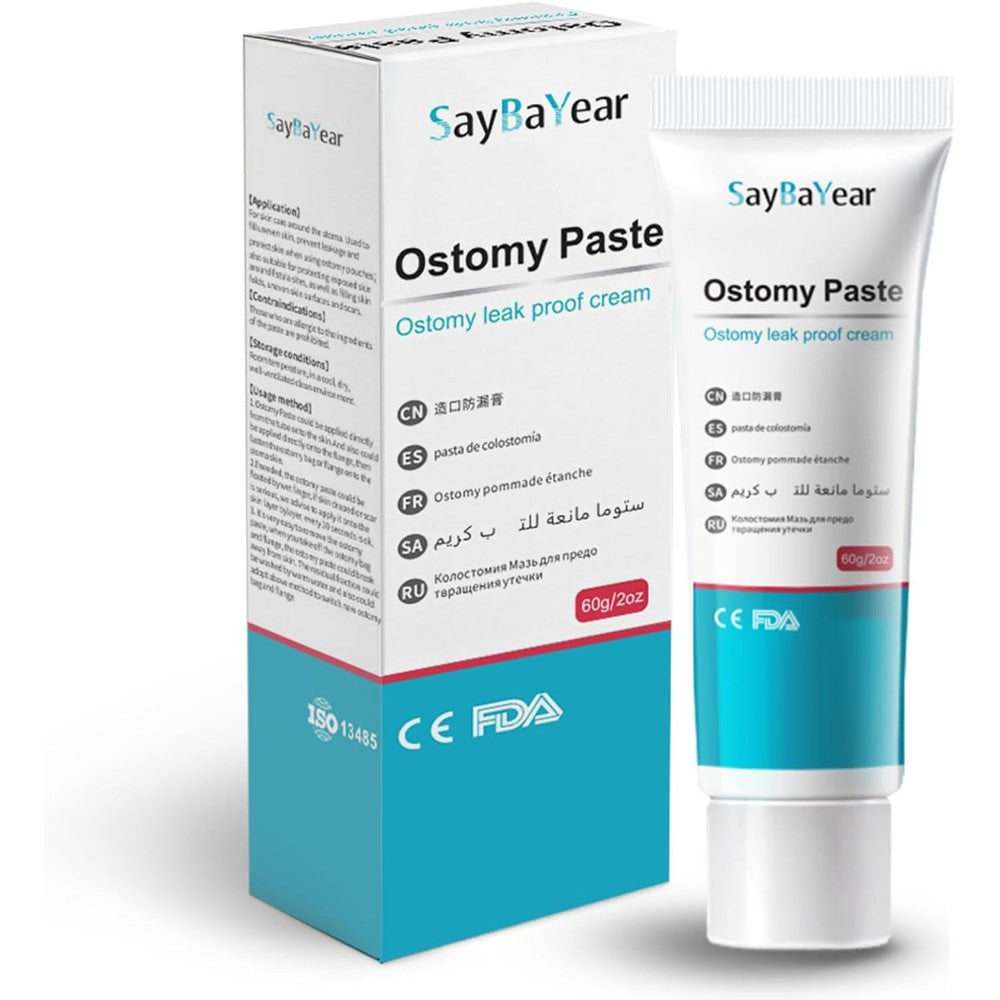 SayBaYear ostomy barrier paste front view of two ounce tube for leak prevention