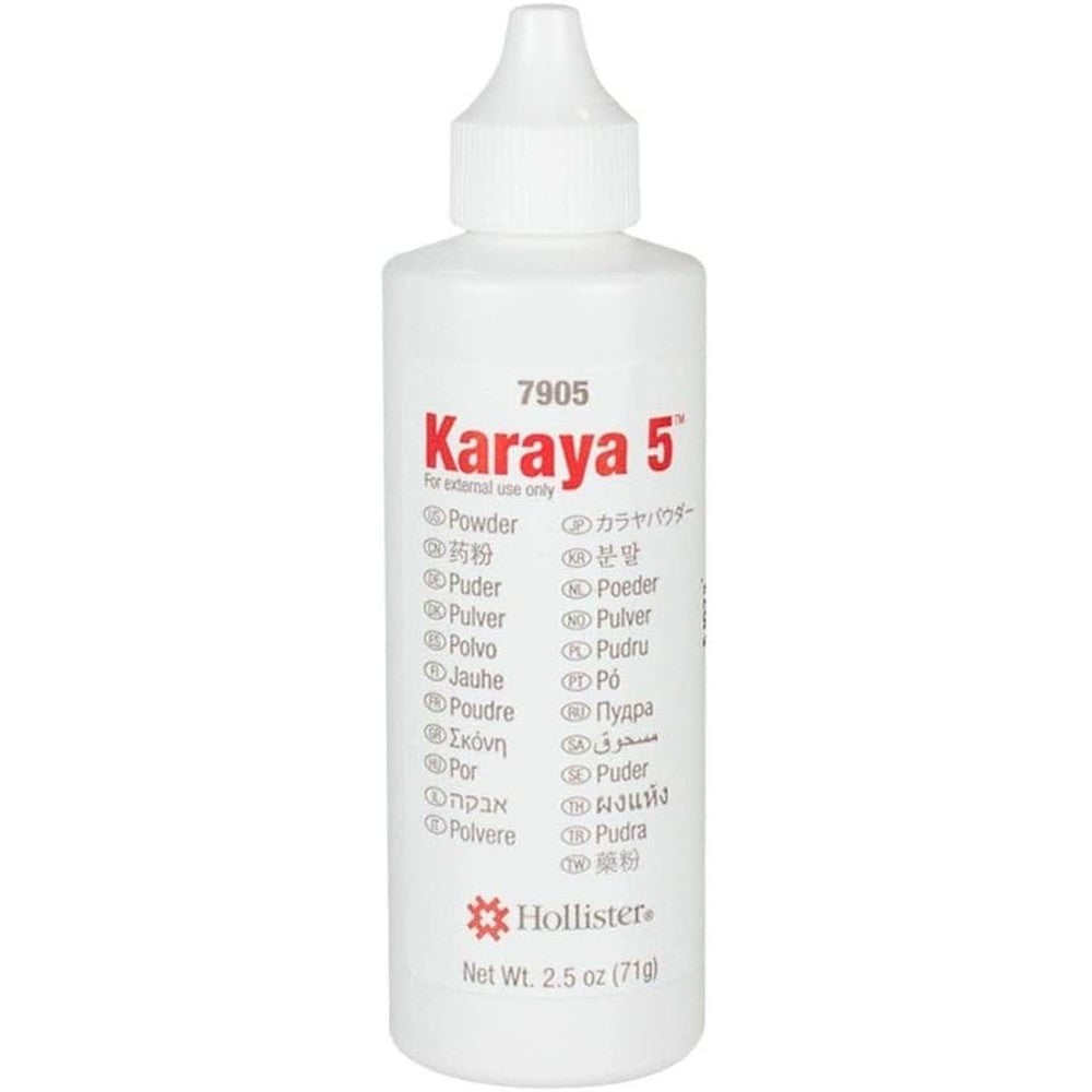 Hollister Karaya Ostomy Barrier Powder front view of two and one half ounce puff bottle for medical stoma care.