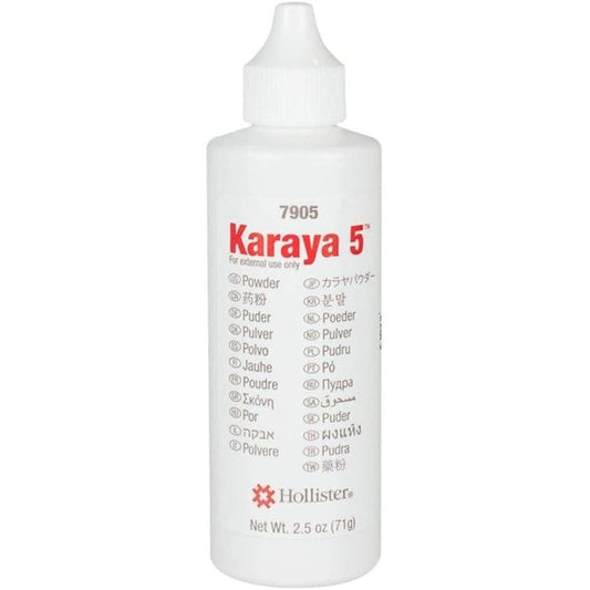 Hollister Karaya Ostomy Barrier Powder front view of two and one half ounce puff bottle for medical stoma care.