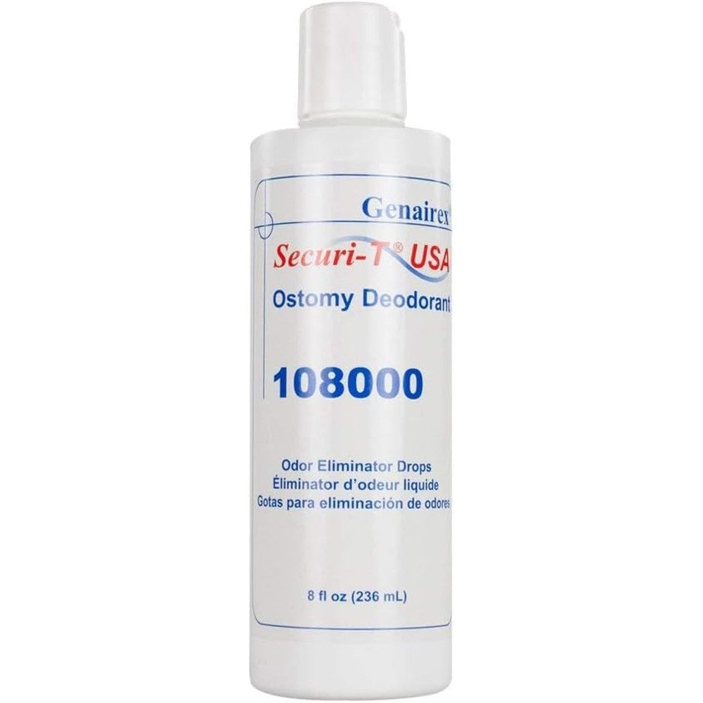 Genairex Securi-T Ostomy Deodorant eight ounce bottle front view for premium stoma odor elimination.