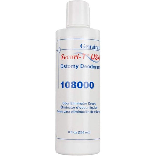 Genairex Securi-T Ostomy Deodorant eight ounce bottle front view for premium stoma odor elimination.