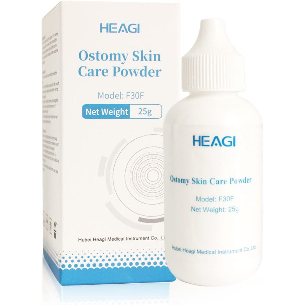 Heagimed Stoma Powder 25g bottle front view showing product labeling for ostomy skin care