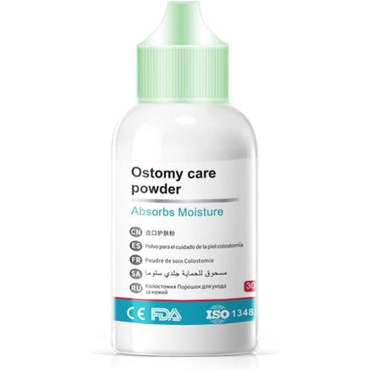 Coloplast Ostomy Powder 1 ounce puffer bottle front view for stoma skin care
