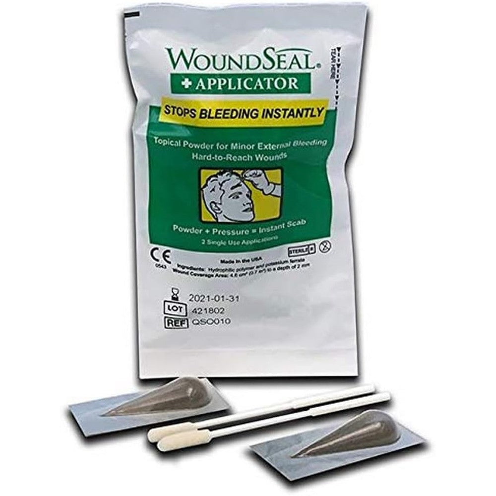WoundSeal Powder Pour Pack with Applicator front packaging showing two single use applications for instant bleeding control.