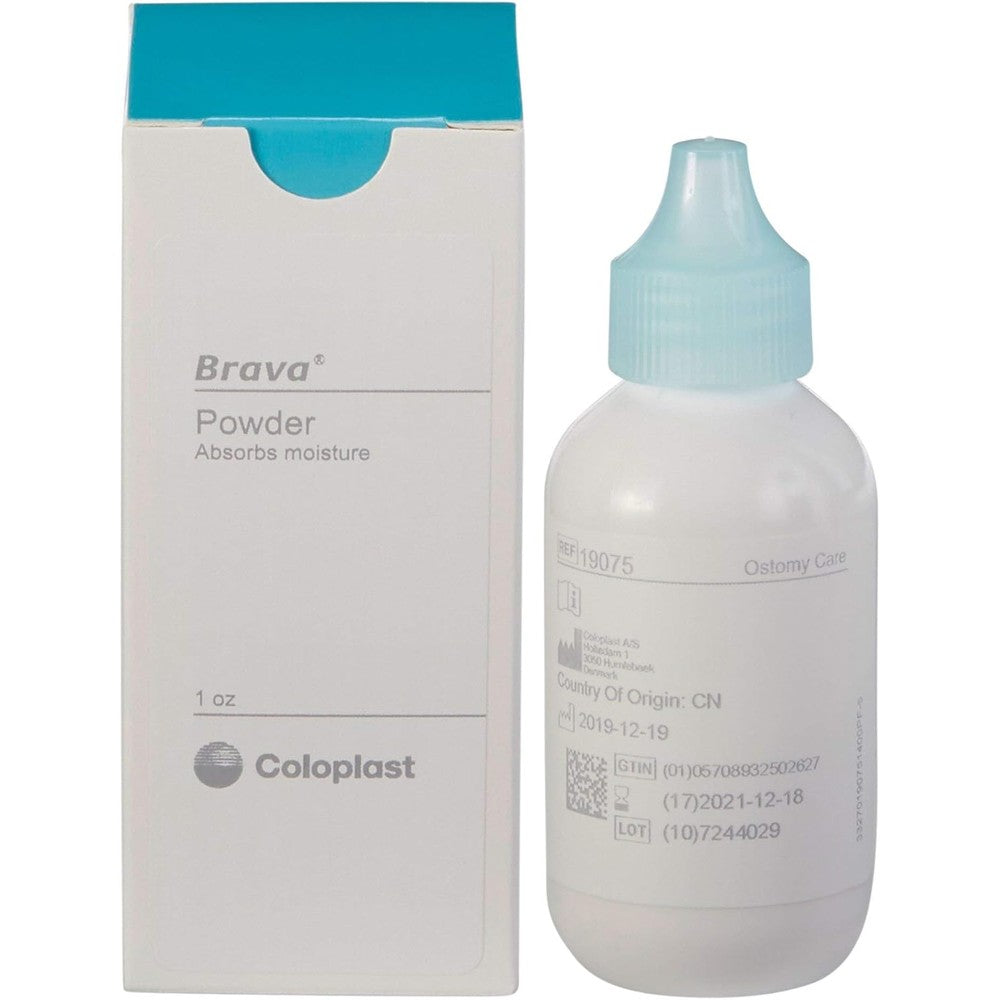 Coloplast Brava Ostomy Barrier Powder one ounce front view package showing medical bottle graphics