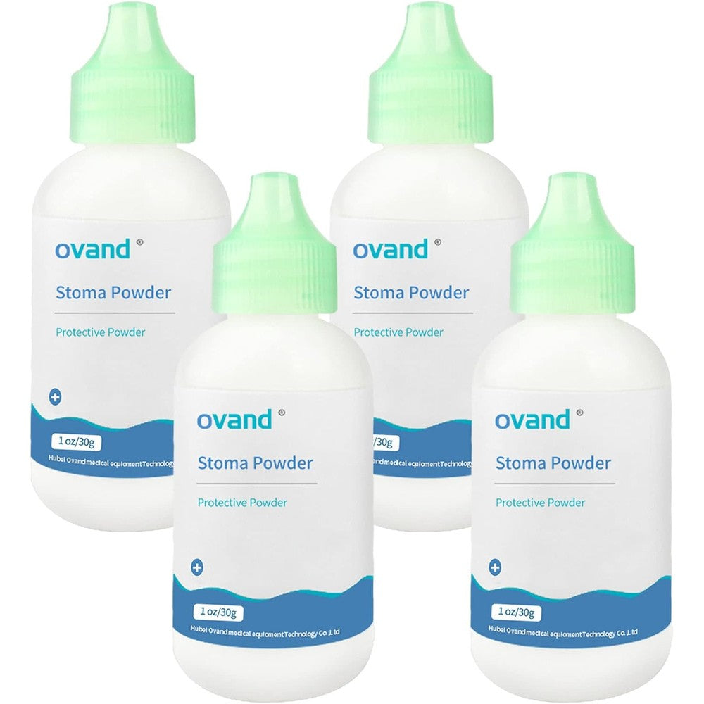 Ovand stoma powder four pack bottle front view for ostomy skin protection