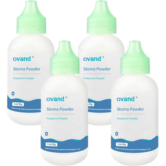 Ovand stoma powder four pack bottle front view for ostomy skin protection