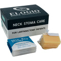 Elogio Speech Technologies Foam Stoma Protector 60 Count box front view showcasing authentic USA imported packaging for laryngectomy neck care.