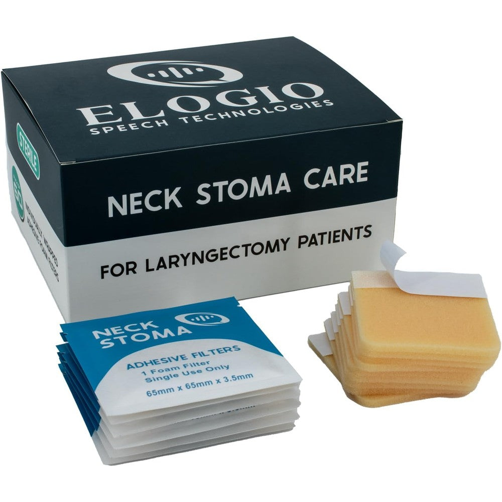 Elogio Speech Technologies Foam Stoma Protector 60 Count box front view showcasing authentic USA imported packaging for laryngectomy neck care.