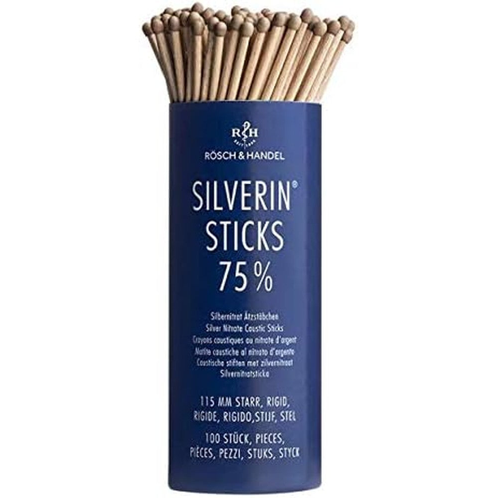 RÃ¶sch And Handel Silverin Sticks 100 count front view tin for chemical cauterization